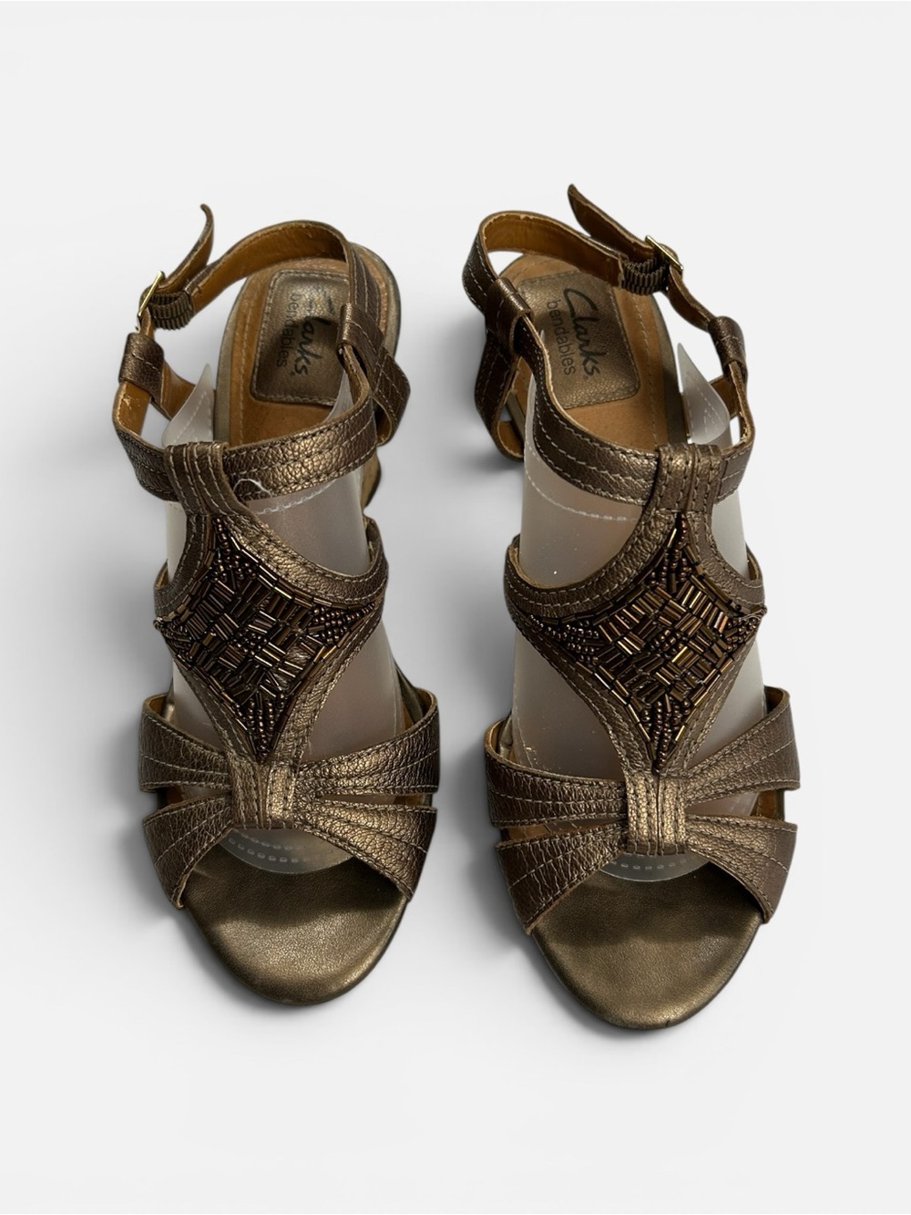 Clarks Bendables Fiddle Bridge Cork Wedge Sandals Metallic Beaded Bronze Sz 6.5